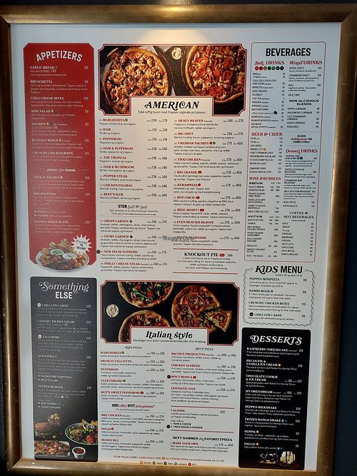 Menu with vegetarian (light green) and vegan (dark green) dishes at Peppes Pizza - Kongsberg  in Kongsberg