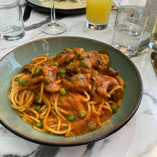 Tagliatelli al Cartoccio (pasta with mushrooms, peas & broccoli) at Gusti D'italia Kelso in Kelso
