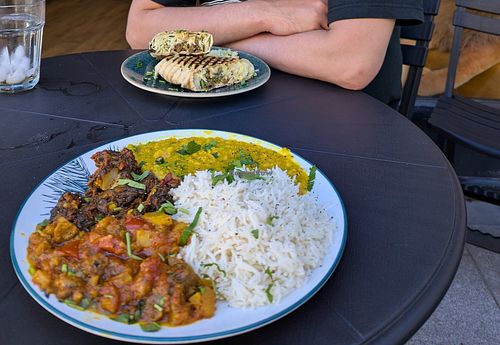 Combination platter with aubergine instead of chickpeas, and a falafel wrap at Kessa Coffee House in Eastbourne