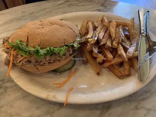 Wild rice burger and fries (messy but worth it!) at The Autumn Cafe in Oneonta