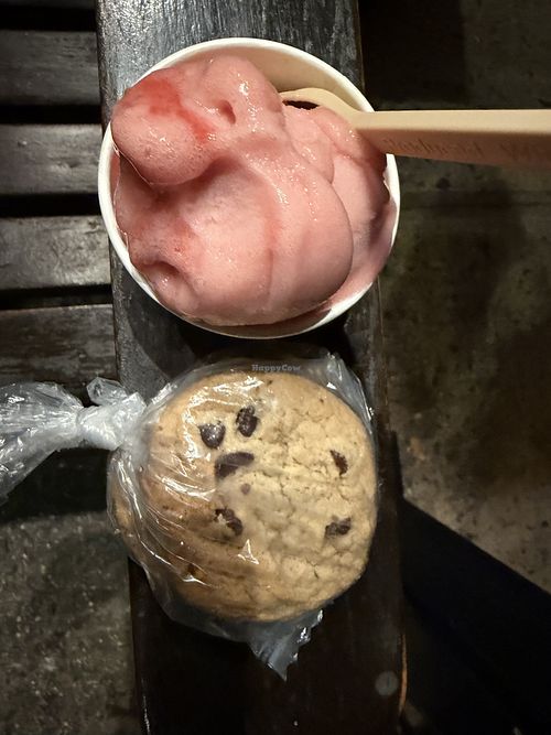 Vegan sorbet and chocolate chip cookie  at Main Street Sweets in Tarrytown