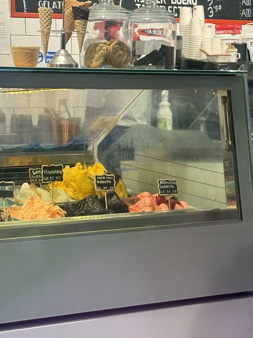 5 vegan flavors shown: lemon, mango, strawberry, dark chocolate, and mandarin   at Scoop Dessert Parlour in Dublin