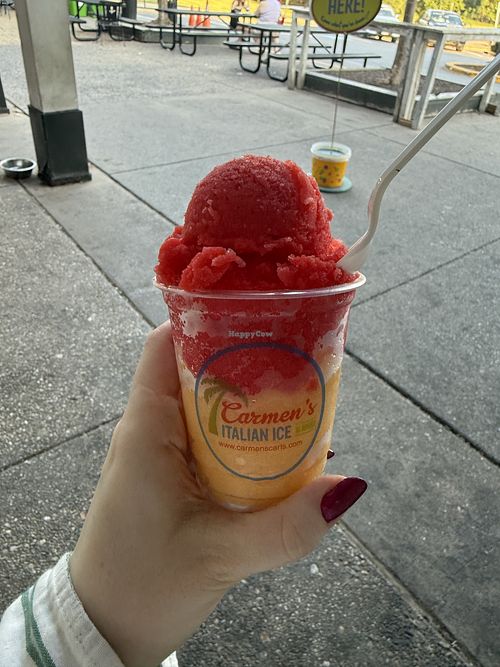 Mango and sour cherry Italian ice, size small (delicious!)  at Carmen's Italian Ice in Rockville