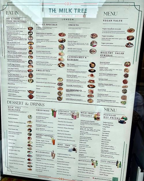 Menu available as at July 2026 at The Milk Tree in East London