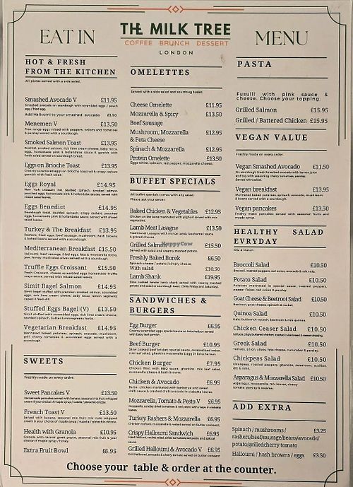 Menu available as at July 2026 at The Milk Tree in East London
