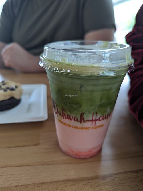 Strawberry Matcha with Oat Milk at Qahwah House Coffee in Grand Rapids