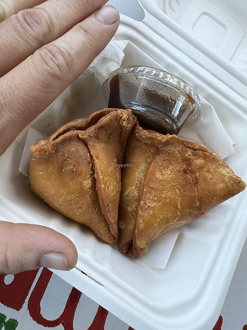 Samosas with tamarind sauce. Potato filling.   at Pizza Twist in Oxnard