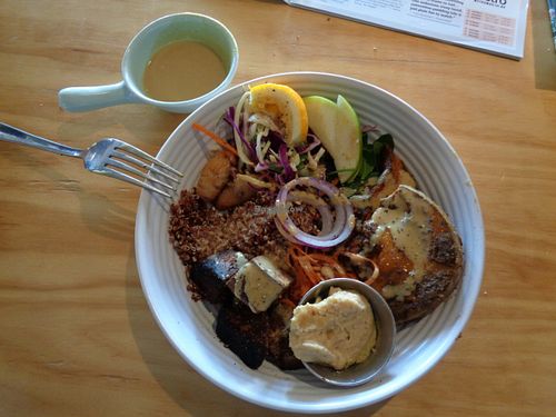 "nourish bowl", always lovely, with kinoa, roasted pumpkin, humus, salads, grains and a great dressing at Two Birds Eatery in Hamilton