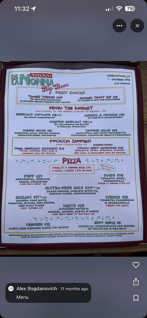 Menu. Vegan items marked with (V)  at De La Nonna - Big Bear  in Big Bear Lake