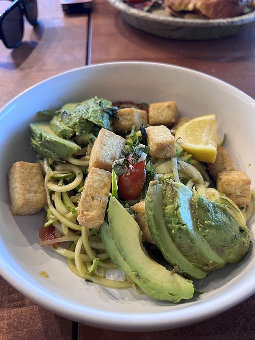 Vegan Pesto Zucchini Noodles (love the tofu)  at Avocado Theory  in Lincolnshire