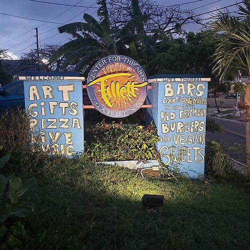 The sign outside Tillet Garden Center for the Arts, located at  4126 Anna's Retreat, Charlotte Amalie, VI 00802.  at Love Livin in St Thomas
