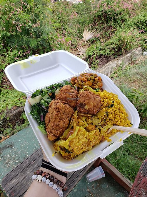 Kale salad, pigeon peas, tofu and cabbage, cauliflower.... so much to choose from!  at Love Livin in St Thomas