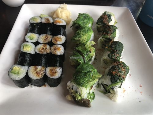 2 special rolls on right. Avocado, sweet potato, and pumpkin rolls on left.  at Japango in Boulder
