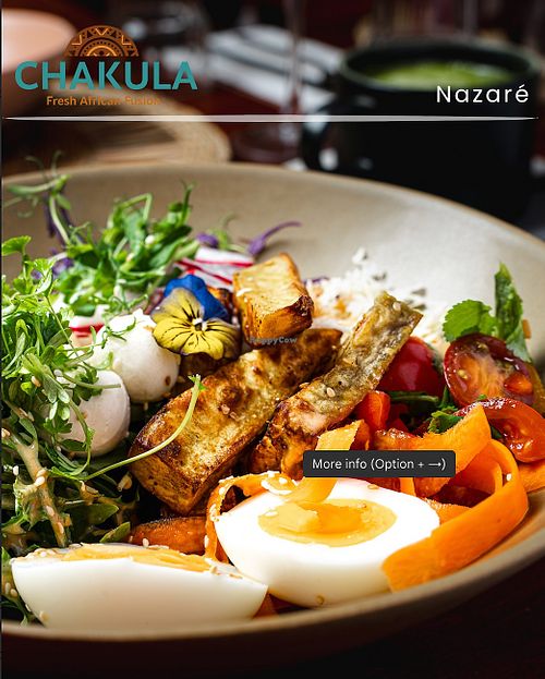 Mama Africa Salad Bowl
A wholesome salad of cabbage and arugula topped with roasted sweet potatoes, avocado, vegan feta and (optional) boiled egg. pickled veg and house dressing
 at Chakula in Leiria