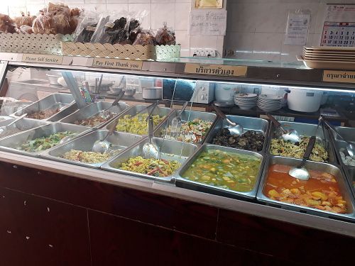 Pre-cooked food at Oasis Vegetaurant in Chiang Rai