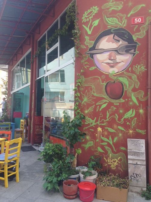 Mahatma handcraft painted wall at Mahatma Cafe in Istanbul