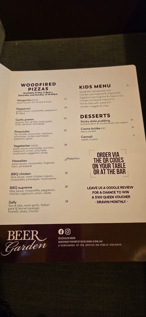 Menu as at 11 July 2026 at Queen of the West in Geelong West
