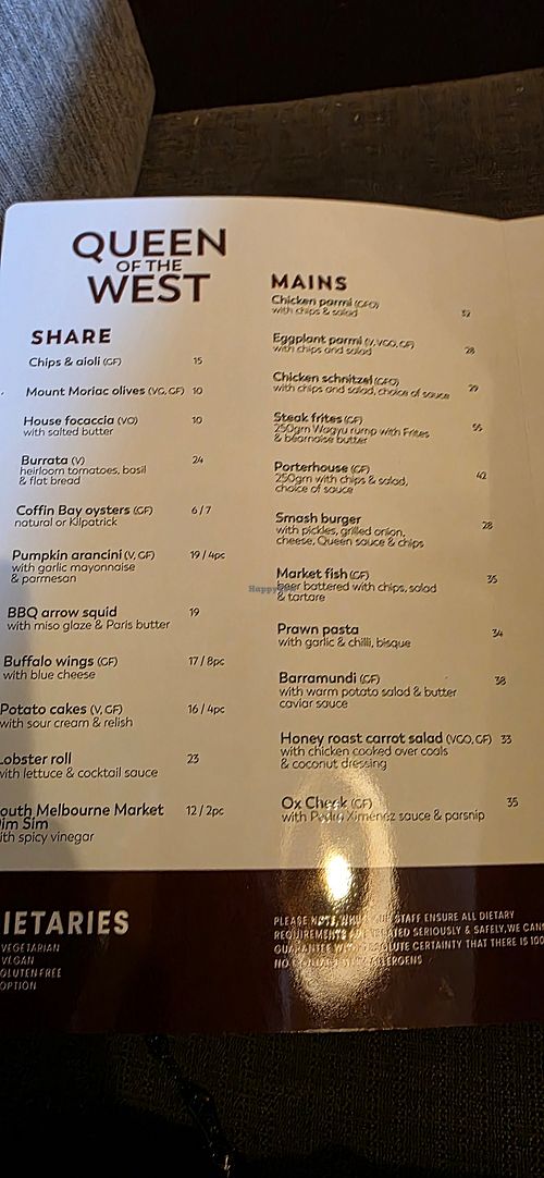 Menu as at 11 July 2026 at Queen of the West in Geelong West