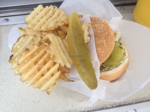 Spicy burger with waffle fries at No No Burger - Food Truck in Oakland
