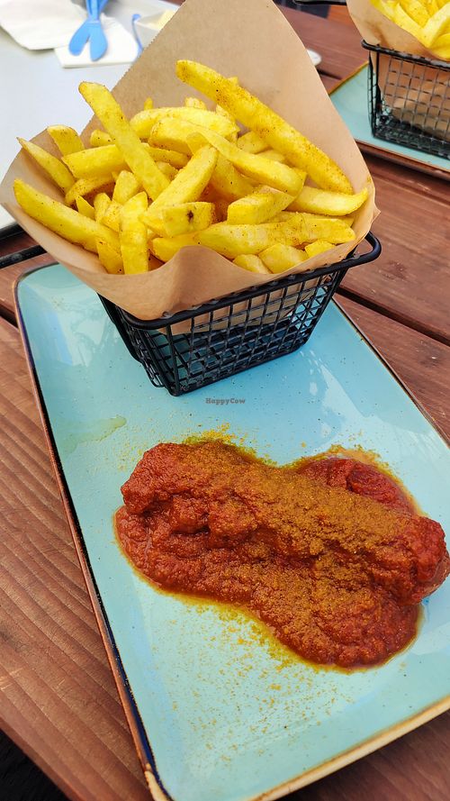 Vegan Currywurst with fries (sausage looks small but was very filling) at Anderter Biergarten und Gaststätte in Hannover