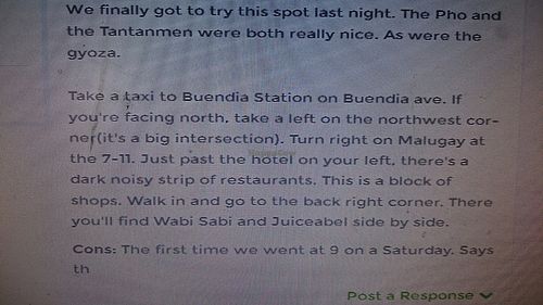 Direction. Be aware:  the noisy restaurants are the front of a block of shops. Between them you will find a small path to walk inside. There you will find the restaurant! at Juicesabel in Makati