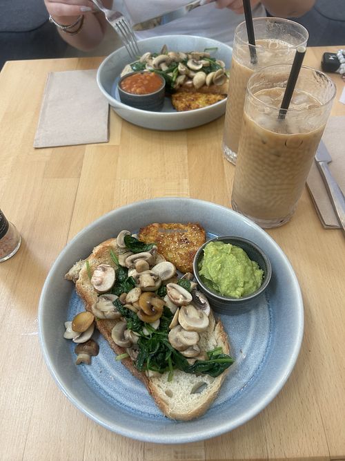 Spinach, garlic mushrooms, avocado and hashbrowns on sourdough toast   at Stone Range Café in Laugharne