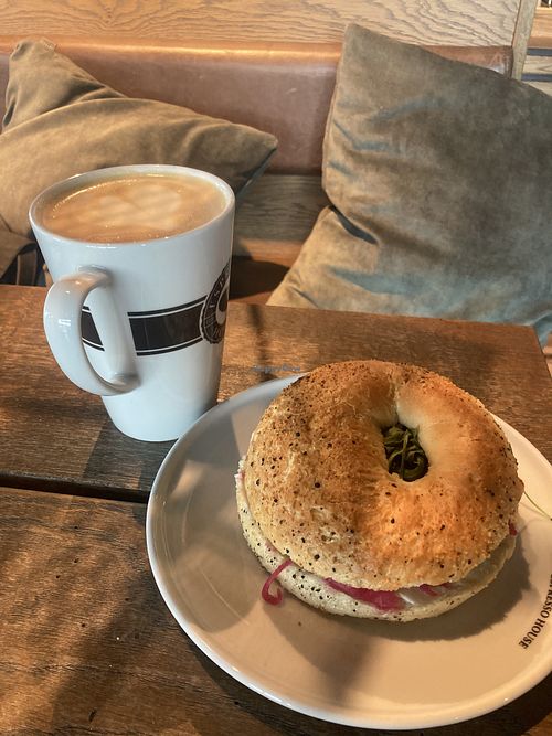 Vegan avocado bagel with a vanille latte with soymilk  at Espresso House - Värnamo Road  in Vaernamo