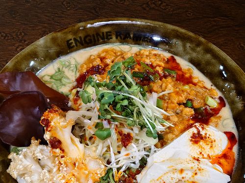 ZESTY RED MISO TOFU-VEGAN / Spicy ramen finished with house-made tofu,rich spicy red miso, and plant-based soy mince. / Allergy info: Wheat, Sesame, Orange, Soybeans at ENGINE SHINJUKU RAMEN in Tokyo