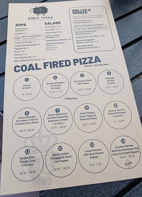 Menu with vegan pizza (number 2)  at Black Sheep Coal Fired Pizza in Minneapolis