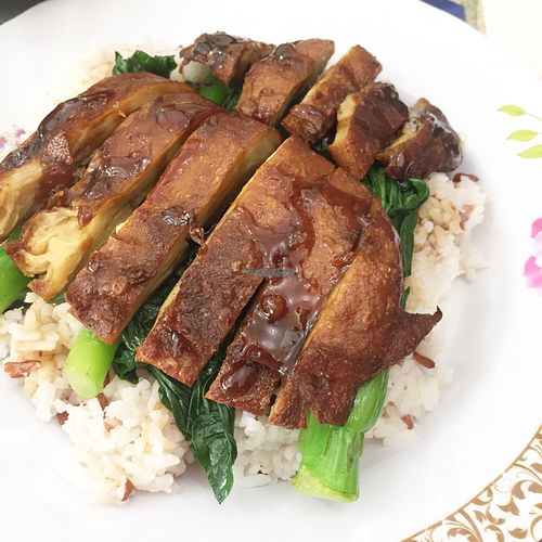 Vegan ";Pork"; rice  at Ka Ka Lok Fast Food Shop in New Territories