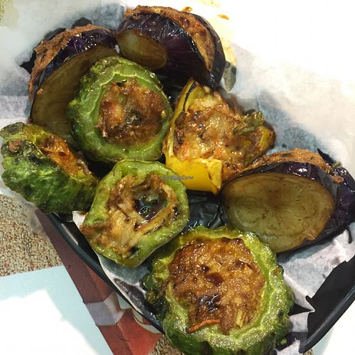 My favorite here is the ";stuffed three treasures"; - Eggplants, capsicum, bitter melon stuffed with lotus root paste at Ka Ka Lok Fast Food Shop in New Territories