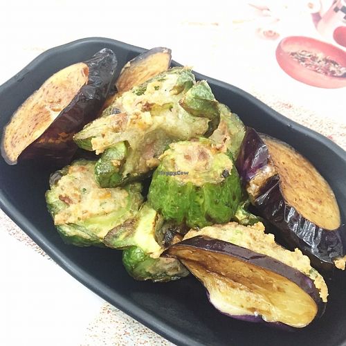 Deep-fried Stuffed "Three Treasures" - Bitter melon, eggplants and capsicum at Ka Ka Lok Fast Food Shop in New Territories