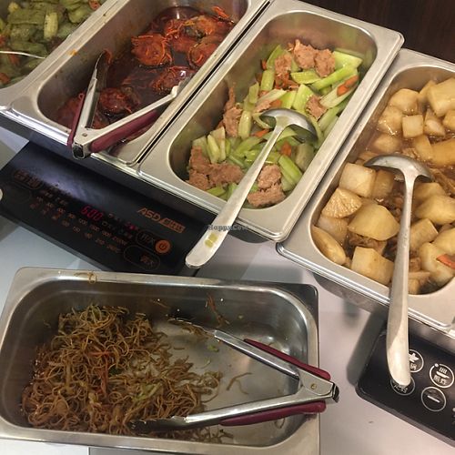 Lunch buffet - fried noodles, mock fish, celery, turnip at Delight Vegetarian in New Territories