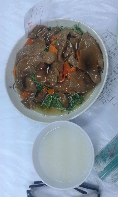 Mushroom with carrot and green stuff at Wun Chuen Vegetarian Centre in New Territories