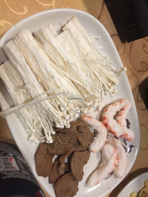 Enoki mushroom, veg beef and veg shrimp at Mighty Vegetarian 大力素食 - Yuen Long" in New Territories