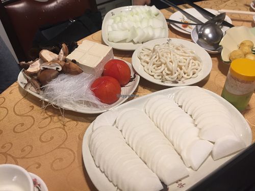 Hot pot - winter melon, radish, tomato, tofu, mushroom, udon etc at Mighty Vegetarian 大力素食 - Yuen Long" in New Territories