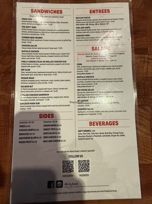 Menu  at Whitehall Tavern in Atlanta