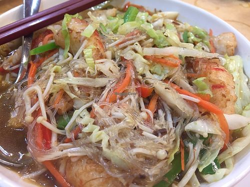 Vegetarian shrimp, mixed vegetable and rice noodles stir-fry at Mighty Vegetarian 大力齋廚 - Tuen Mun in New Territories