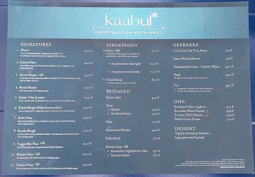 Menu with vegan options  at kaabul in Mannheim