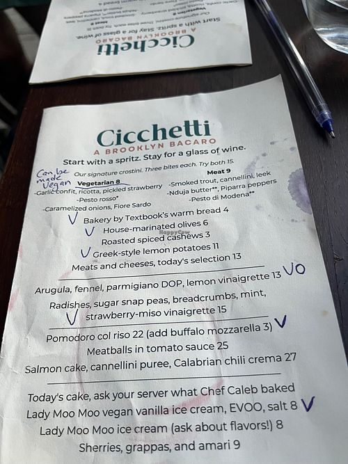 Menu vegan options  at Cicchetti in Brooklyn
