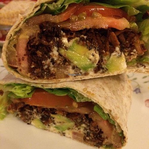 BLT wrap with coconut 'bacon', lettuce, tomato and avocado. yum and great with hot sauce too! at Green Bar in Muntinlupa