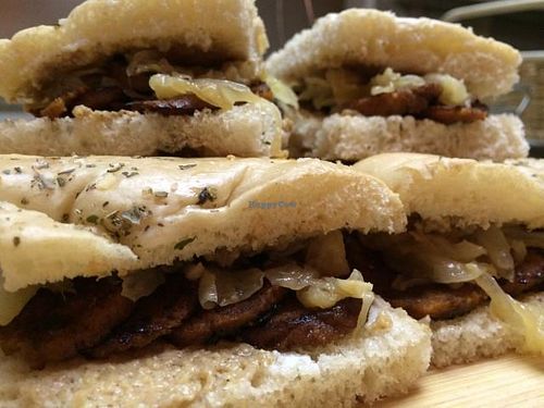Hail Seitan panini, yummy crisp home made seitan with carmalized onions and cashew cream. served pressed on grill. must try!  at Green Bar in Muntinlupa
