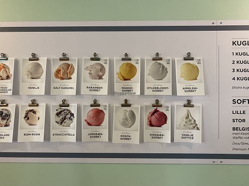 Sorbet flavours such as rhubarb, elderflower, mango, orange, raspberry and strawberry.   at Fru Frost Blåvand in Blaavand