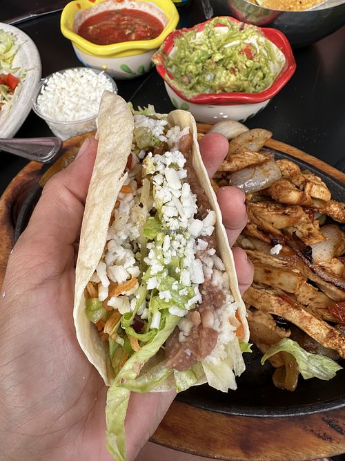 Vegan chicken fajitas with vegan cheese  at Fiesta Grande Brownwood in The Villages