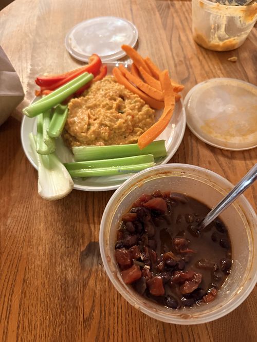 Chili (manually de-cheesed), hummus plate   at Harvest On Main in Blue Ridge