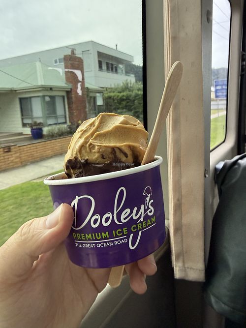 Salted caramel and chocolate vegan ice creamm  at Dooley's Premium Ice Cream in Apollo Bay