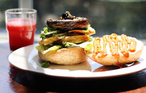 Mushroom burger + tofu + watermelon-ginger juice at Lentil as Anything - Newtown in Newtown