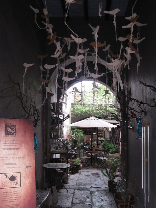 You enter the courtyard through passageway under a remarkable paper mobile of flying birds. at Néctar en Camino Silvestre in San Miguel De Allende