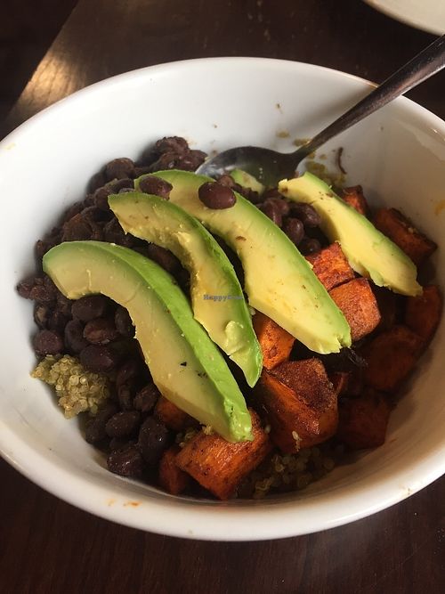 Black bean, sweet potato, green quinoa bowl at The Farm Concessions and Café in Keene