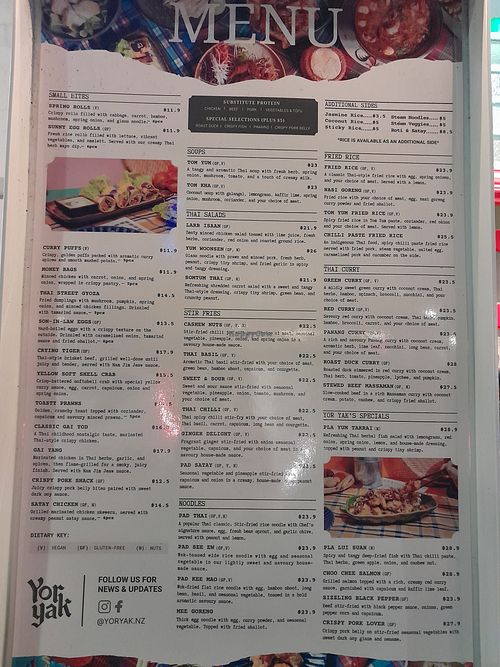 Full menu at Yor Yak Thai Eatery in Wellington